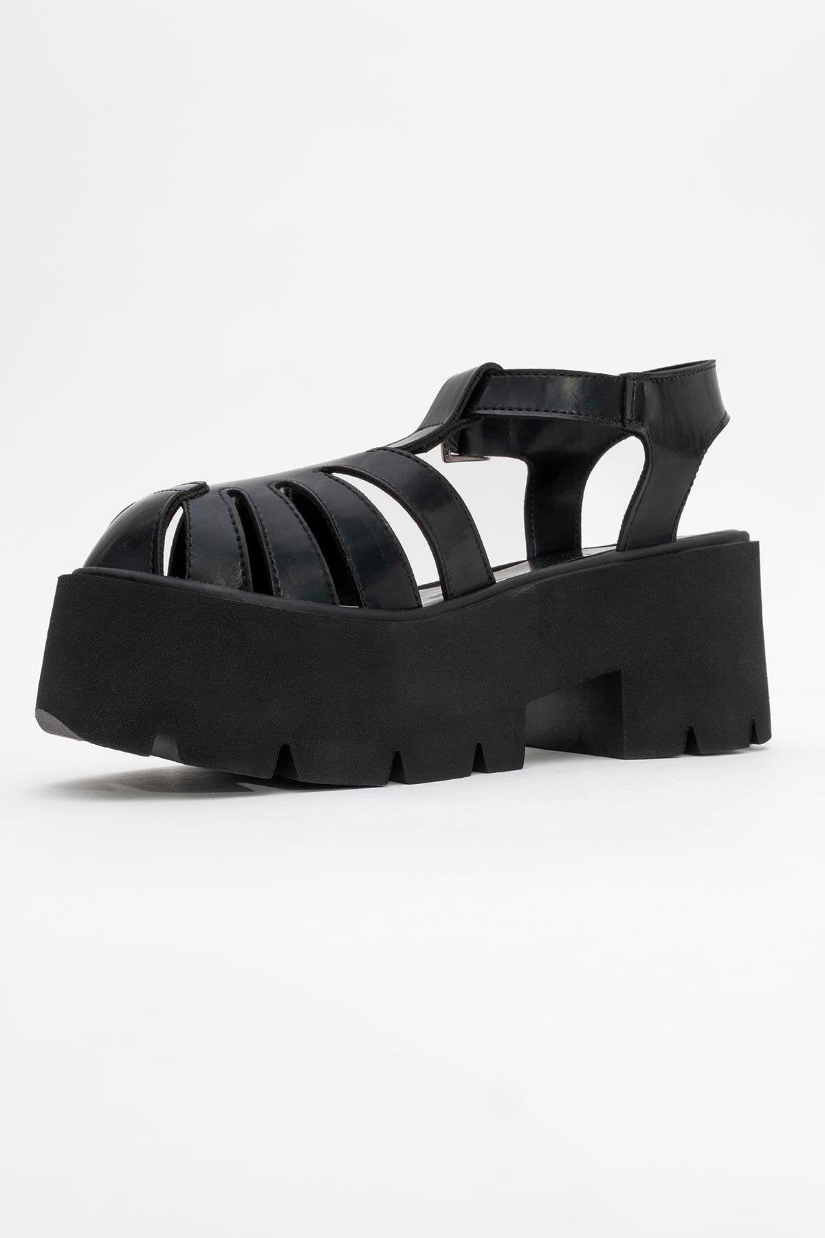 Verua - Black Platform Sandal – heel view showing leather, black, SimmiUnique