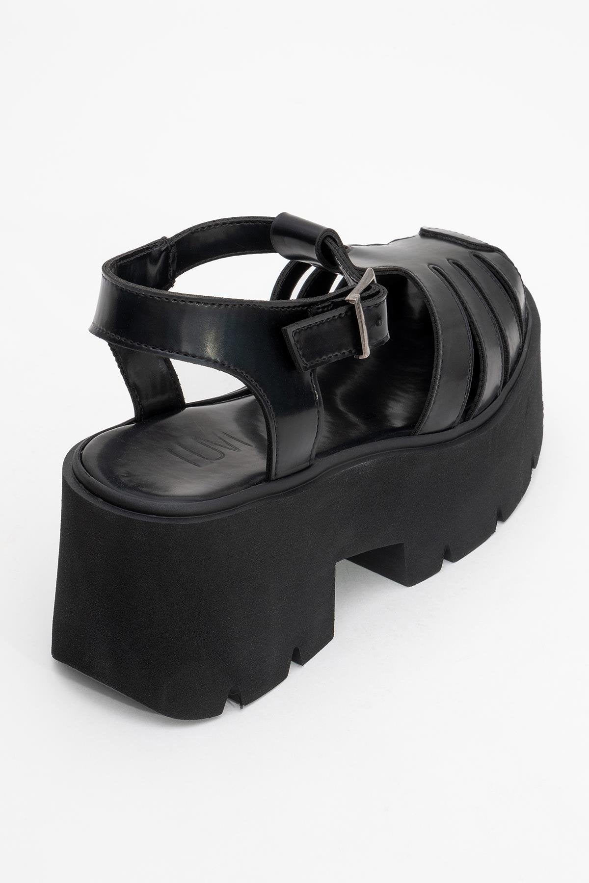 Verua - Black Platform Sandal – back view showing leather, black, SimmiUnique