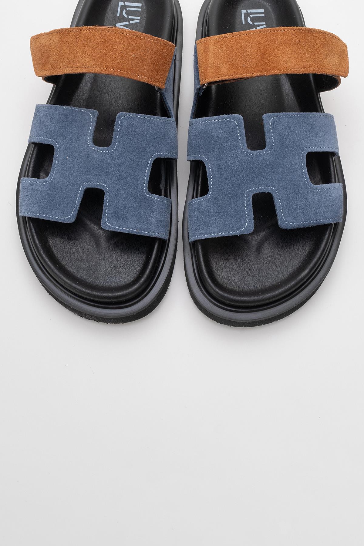 Morte - Navy Cognac Suede Leather Slide Sandal – side view showing leather, suede, red, SimmiUnique
