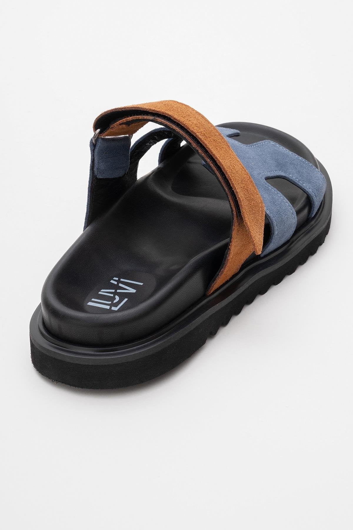 Morte - Navy Cognac Suede Leather Slide Sandal – back view showing leather, suede, red, SimmiUnique