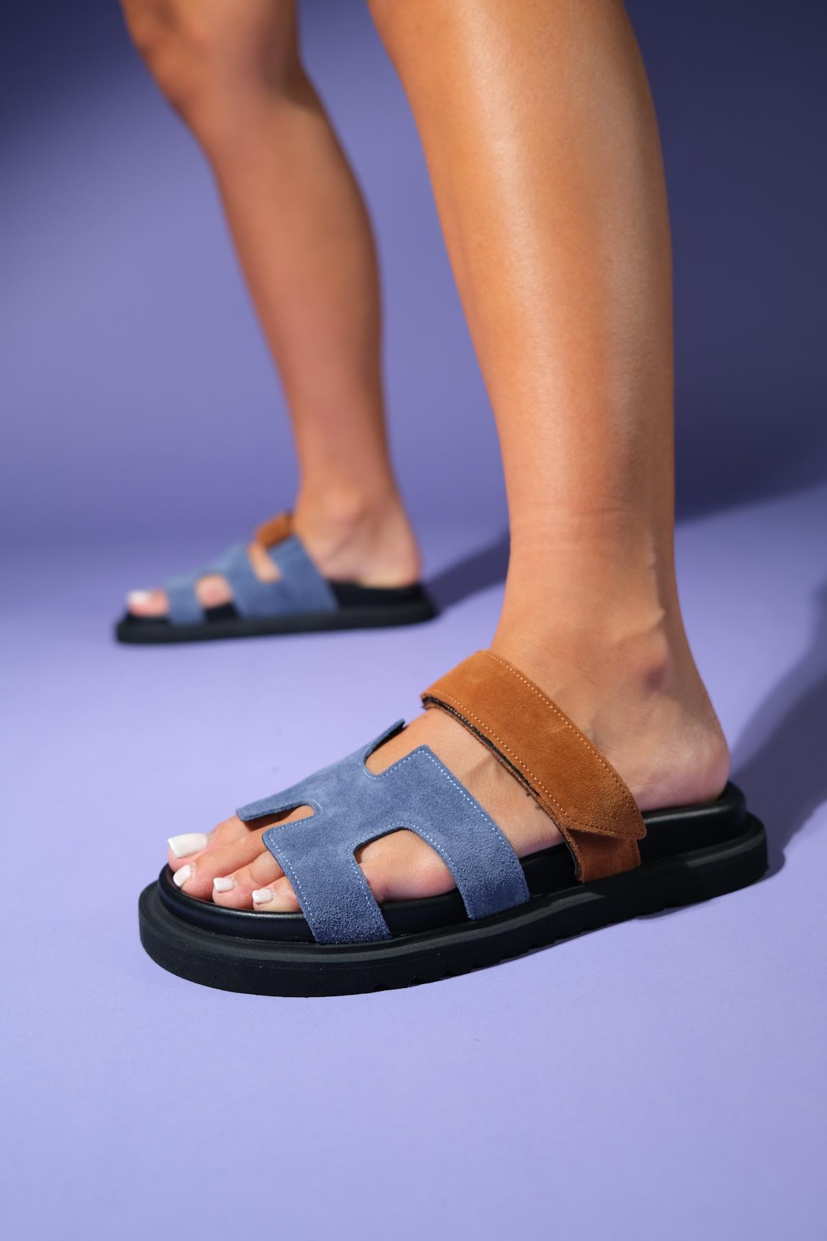 Morte - Navy Cognac Suede Leather Slide Sandal – sole view showing leather, suede, red, SimmiUnique