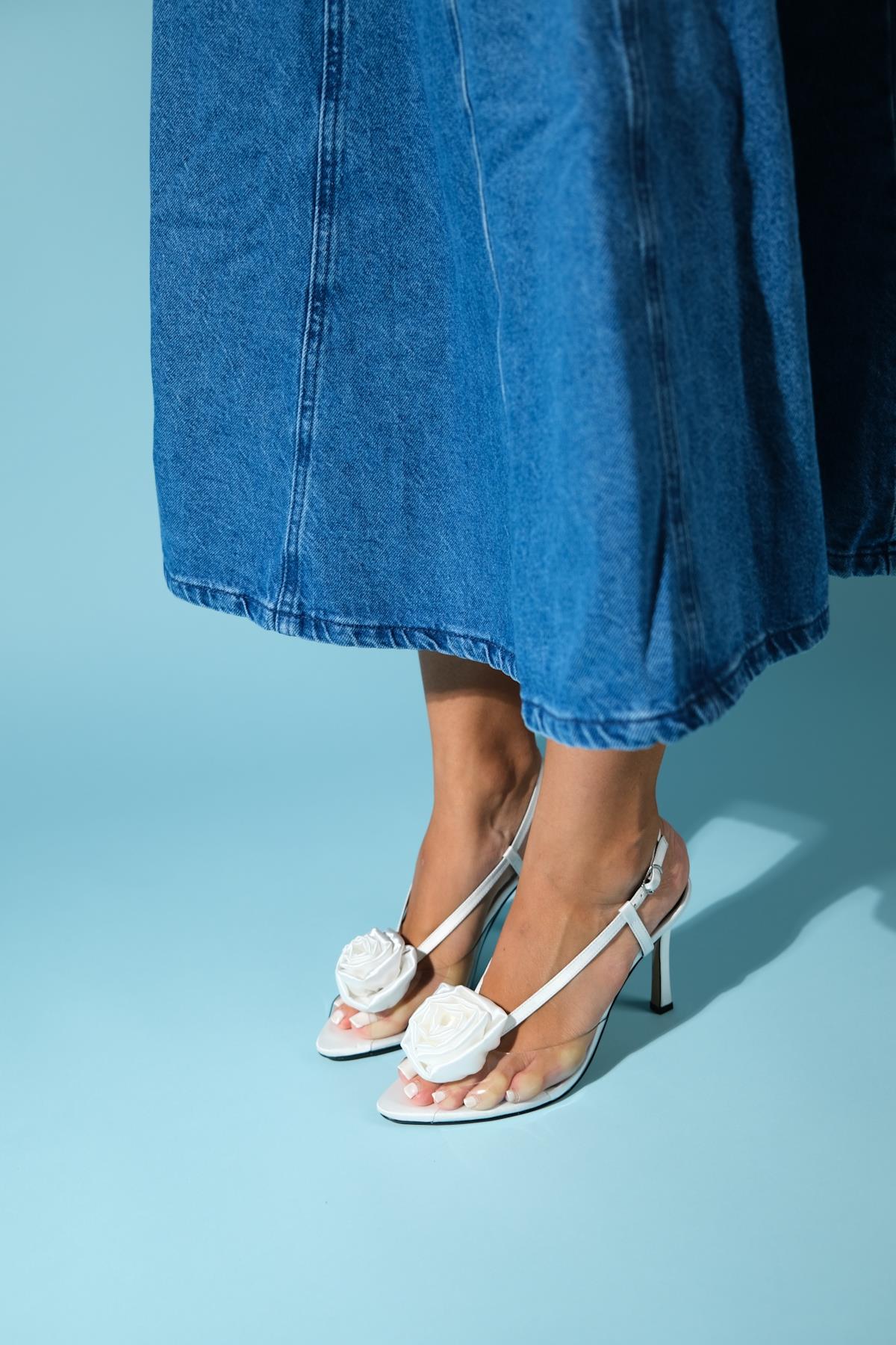 Aisne - White Floral Transparent Thin Heel Shoe – back view showing satin, leather, white, SimmiUnique