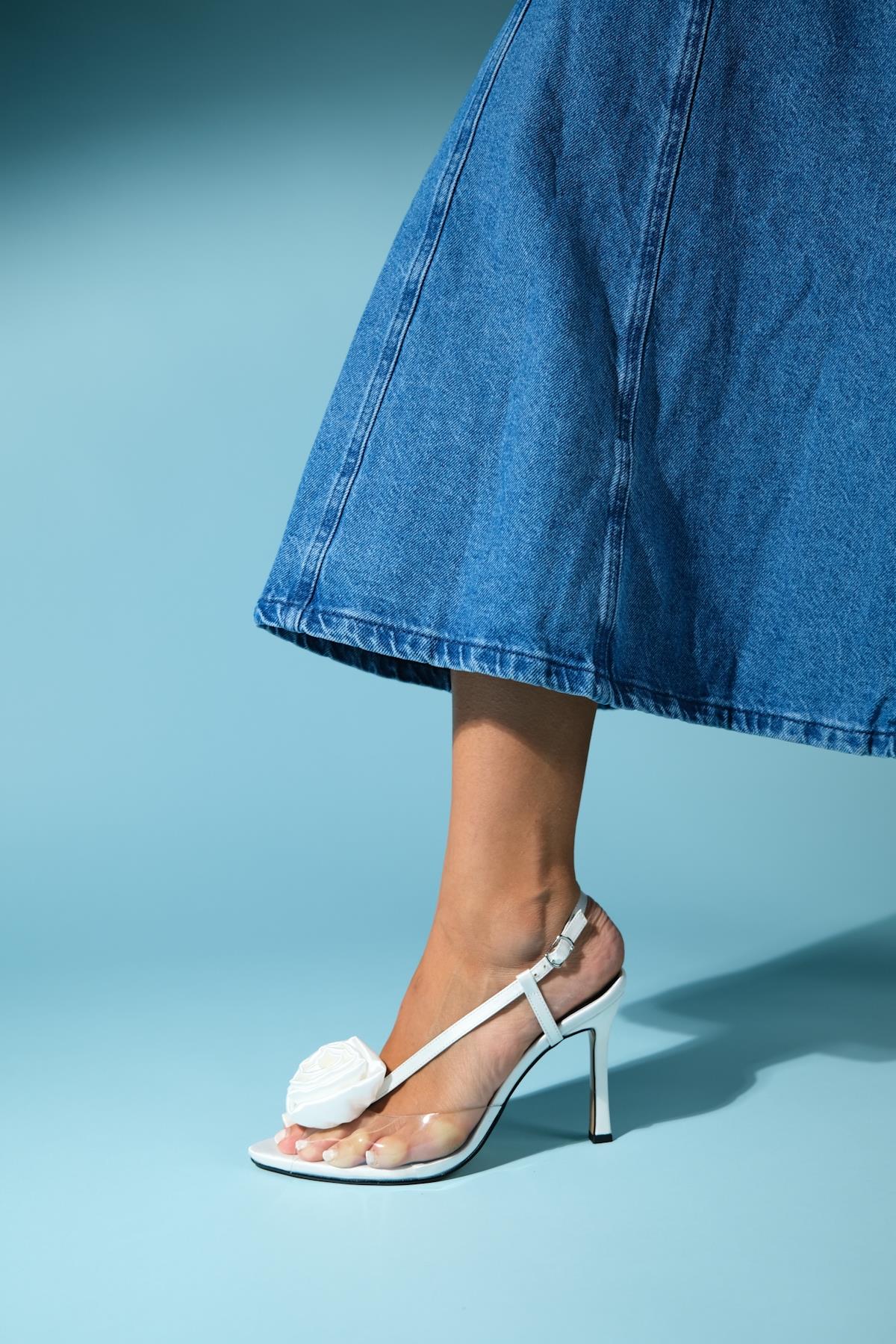 Aisne - White Floral Transparent Thin Heel Shoe – top view showing satin, leather, white, SimmiUnique