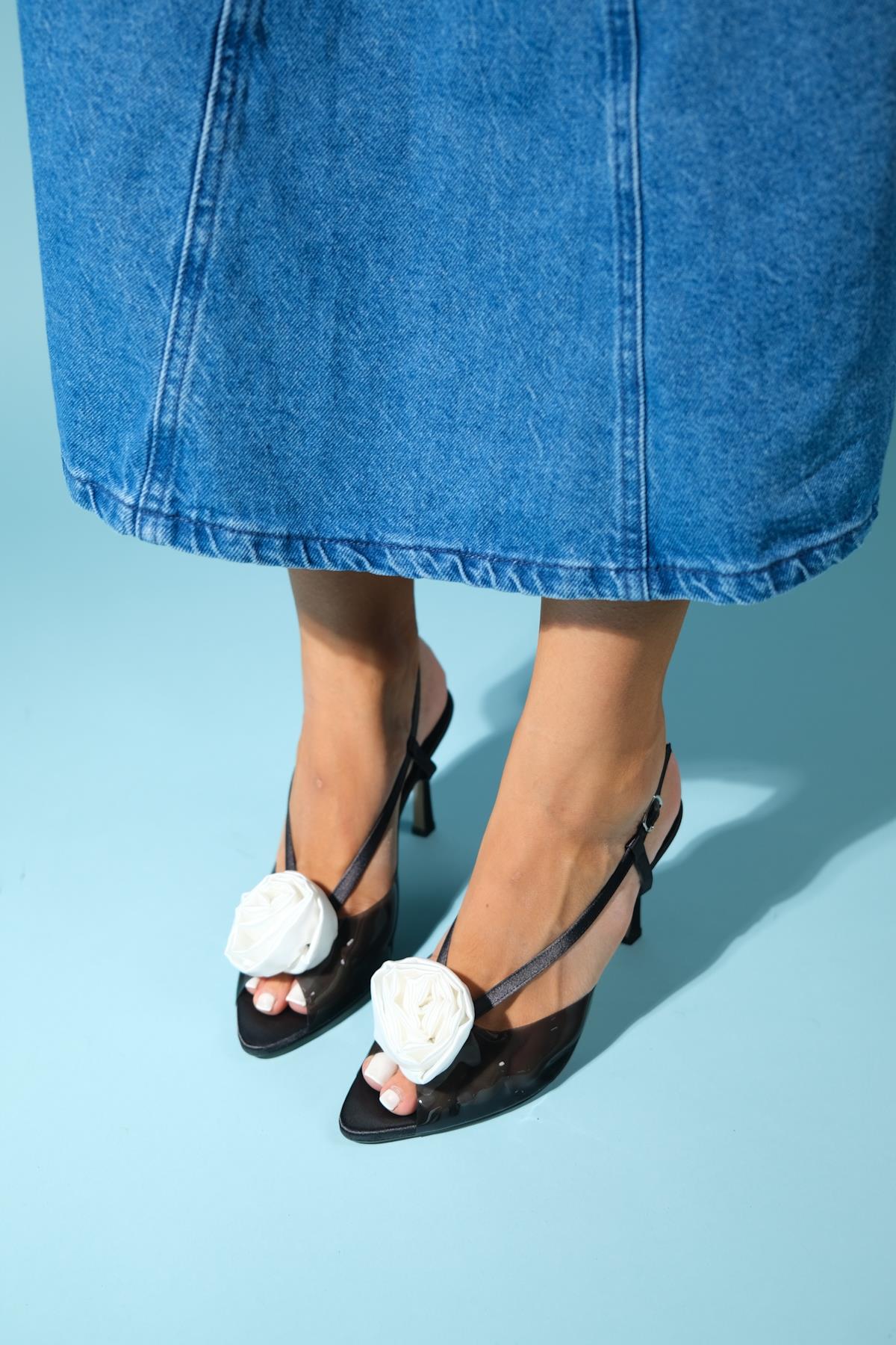 Aisne - Black Floral Transparent Thin Heel Shoe – heel view showing satin, leather, black, SimmiUnique