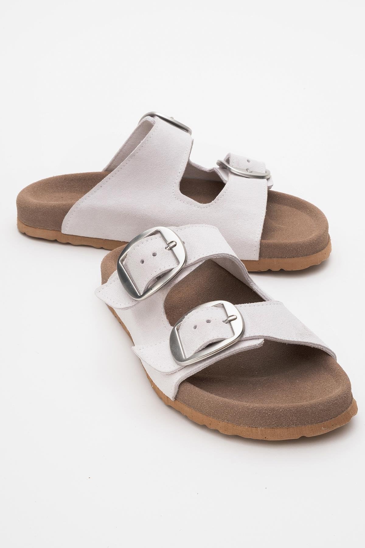 Ovesta - White Leather Slide Sandal – front three-quarter view showing leather, white, red, SimmiUnique