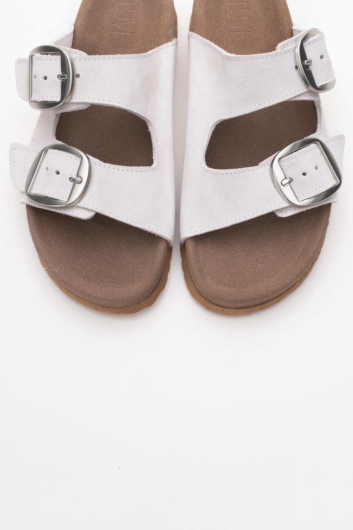 Ovesta - White Leather Slide Sandal – side view showing leather, white, red, SimmiUnique