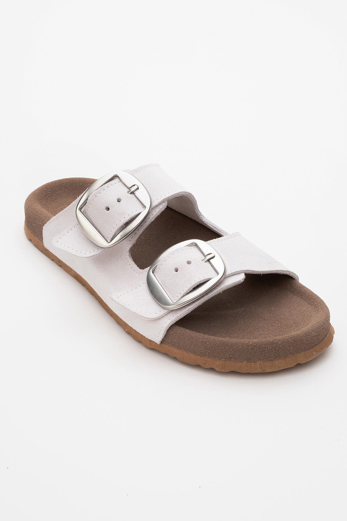 Ovesta - White Leather Slide Sandal – detail view showing leather, white, red, SimmiUnique