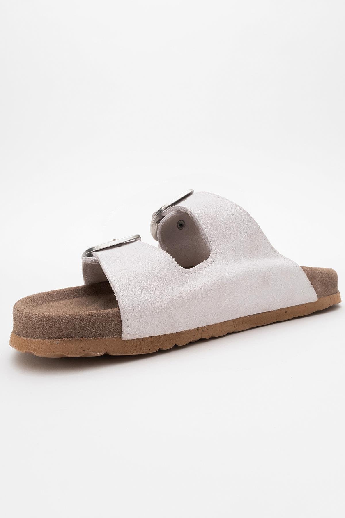Ovesta - White Leather Slide Sandal – heel view showing leather, white, red, SimmiUnique