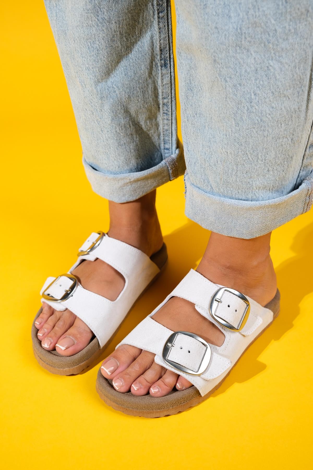 Ovesta - White Leather Slide Sandal – sole view showing leather, white, red, SimmiUnique