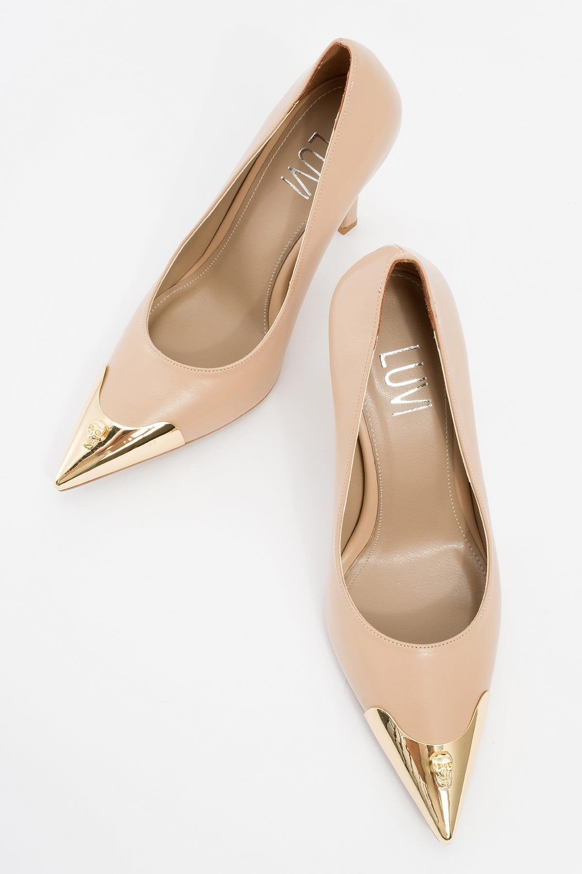 Pruva - Beige High Heel Shoe – side view showing leather, SimmiUnique