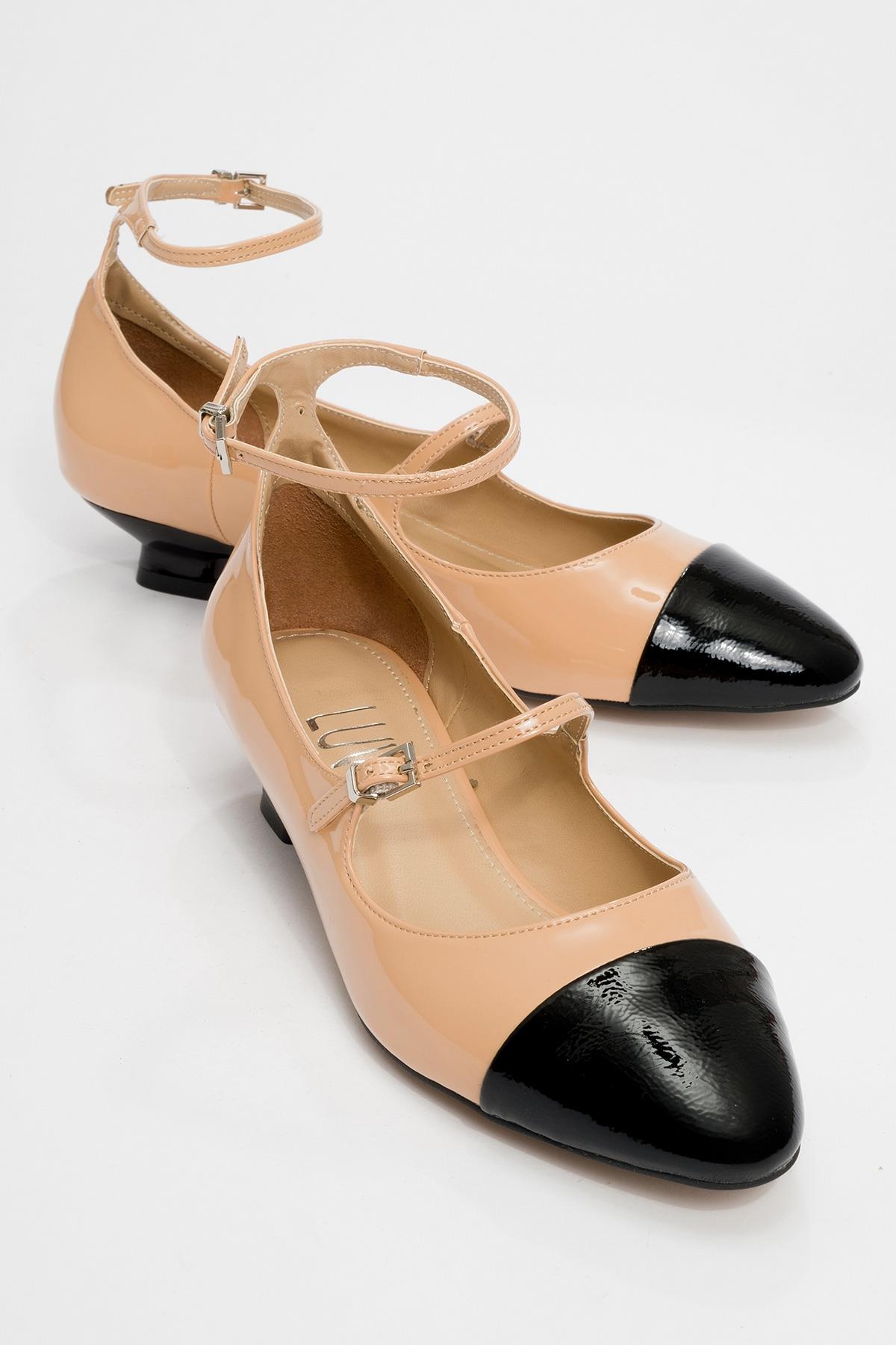 Uster - Taupe-Black Patent Low Block Heel Shoe – front three-quarter view showing leather, black, SimmiUnique