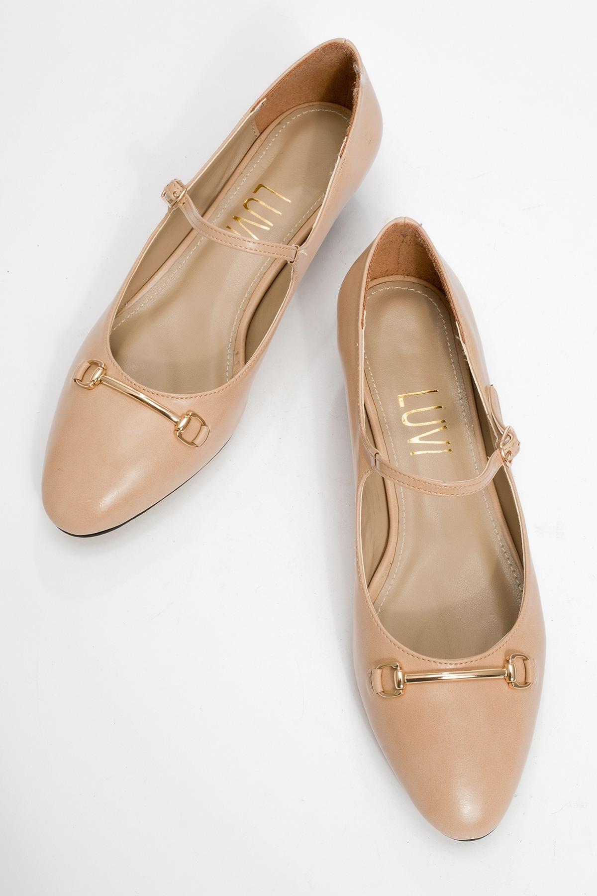 Ojen - Beige Low Heel Shoe – side view showing leather, SimmiUnique