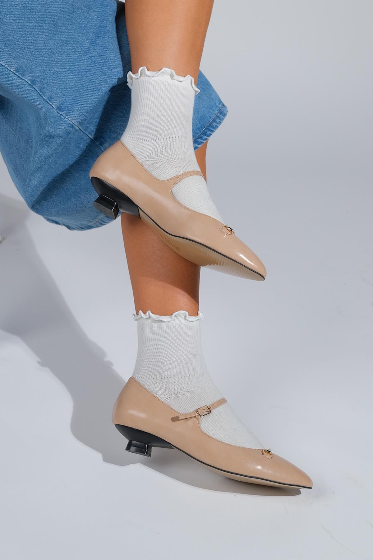 Ojen - Beige Low Heel Shoe – back view showing leather, SimmiUnique