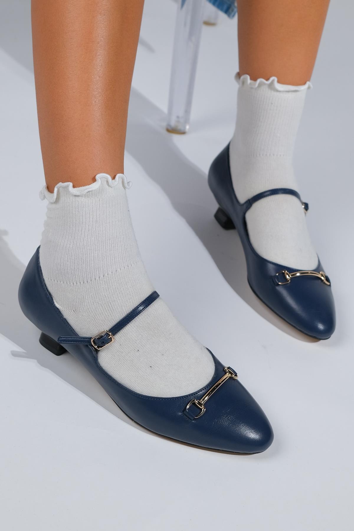 Ojen - Navy Low Heel Shoe – back view showing leather, SimmiUnique