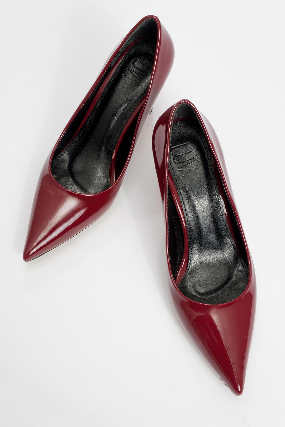 Calse - Burgundy Patent Heeled Shoe – side view showing leather, SimmiUnique