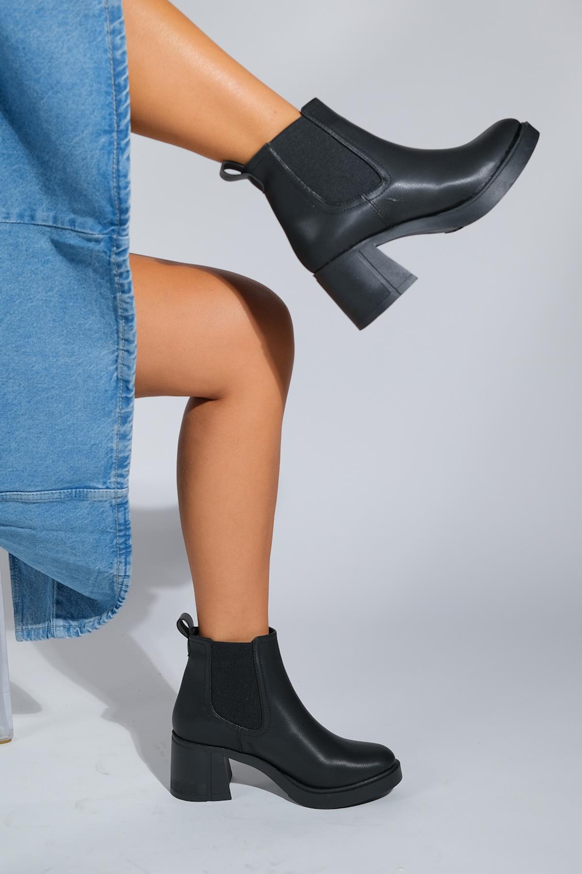 Loves - Black Block Heel Ankle Boot – back view showing leather, black, SimmiUnique