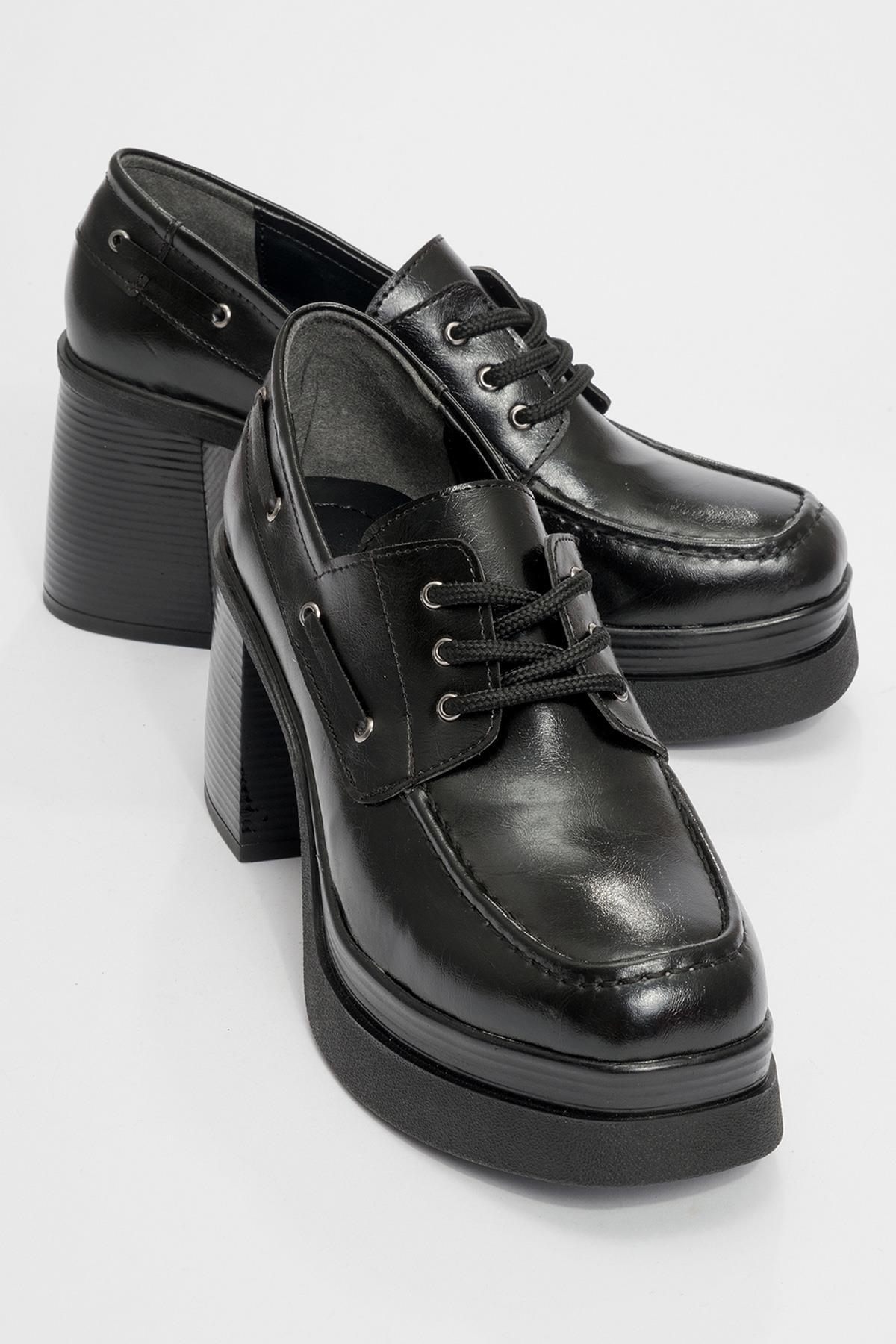 Dudley - Black Lace-Up Platform Heel Shoe – front three-quarter view showing lace, leather, black, SimmiUnique