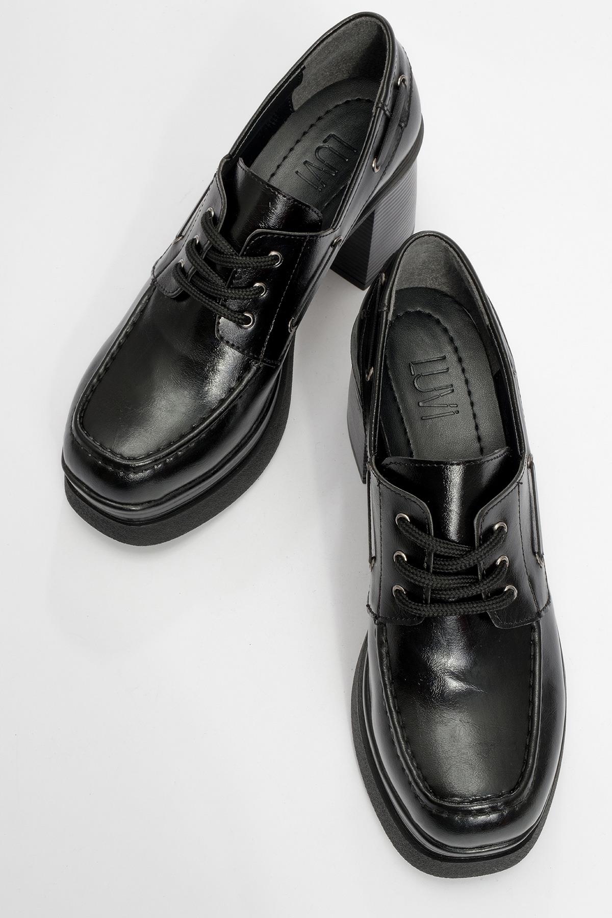 Dudley - Black Lace-Up Platform Heel Shoe – side view showing lace, leather, black, SimmiUnique