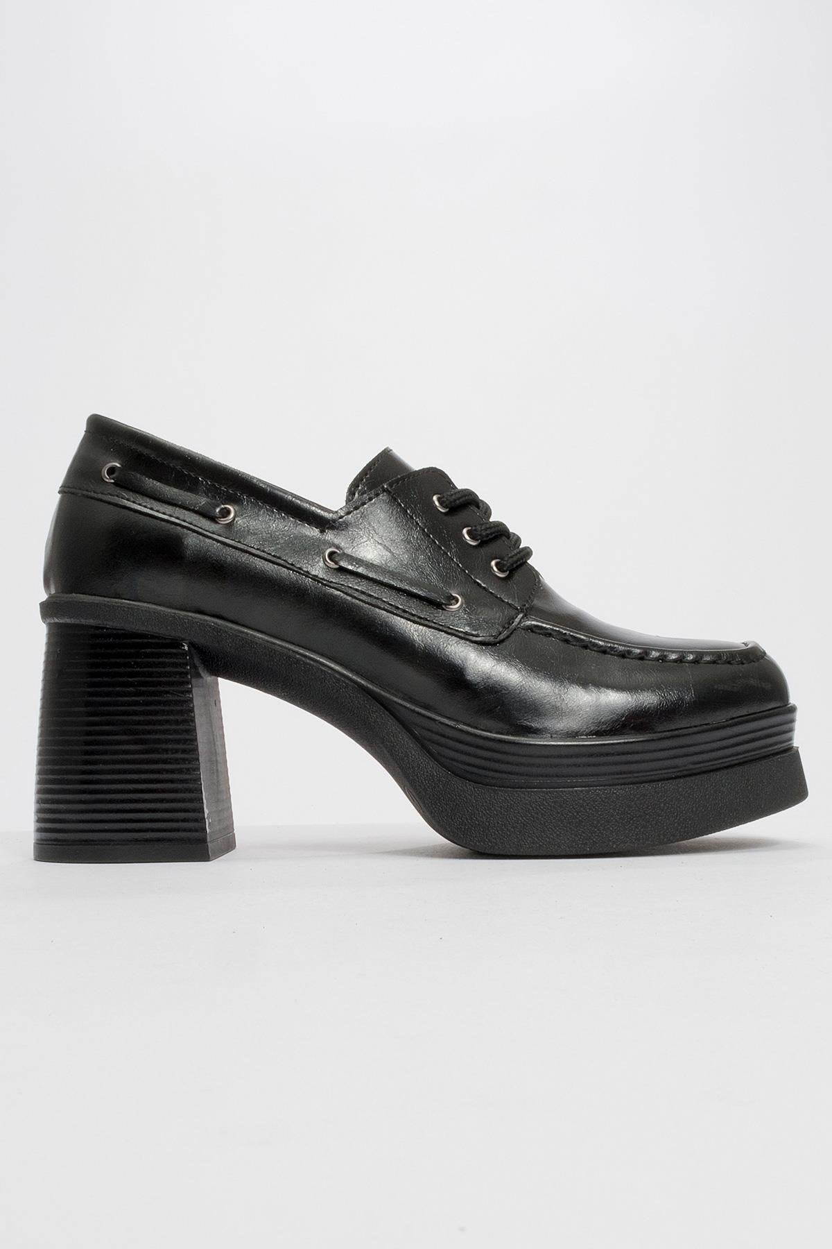 Dudley - Black Lace-Up Platform Heel Shoe – heel view showing lace, leather, black, SimmiUnique