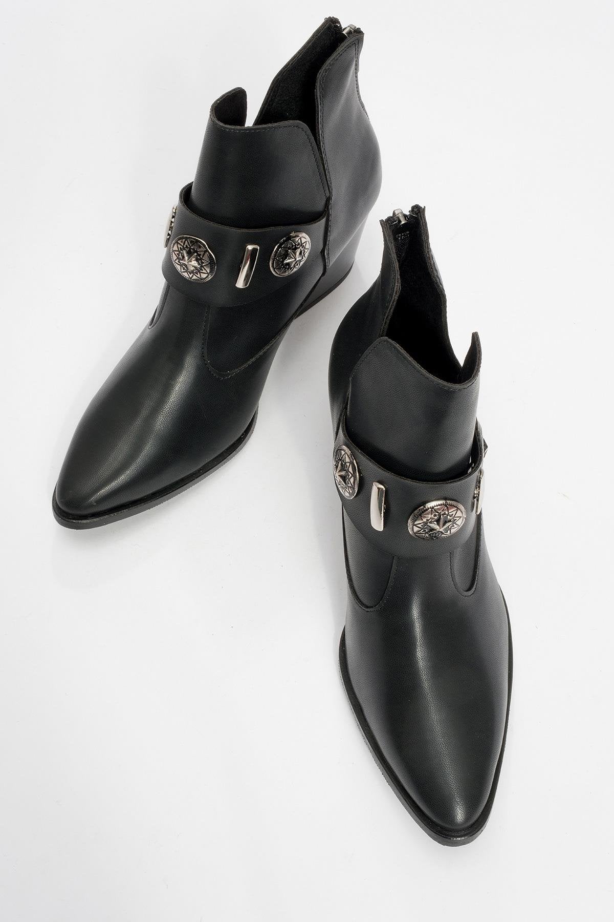 Kenda Black Buckle Block Heel Boot – side view showing leather, black, red, SimmiUnique