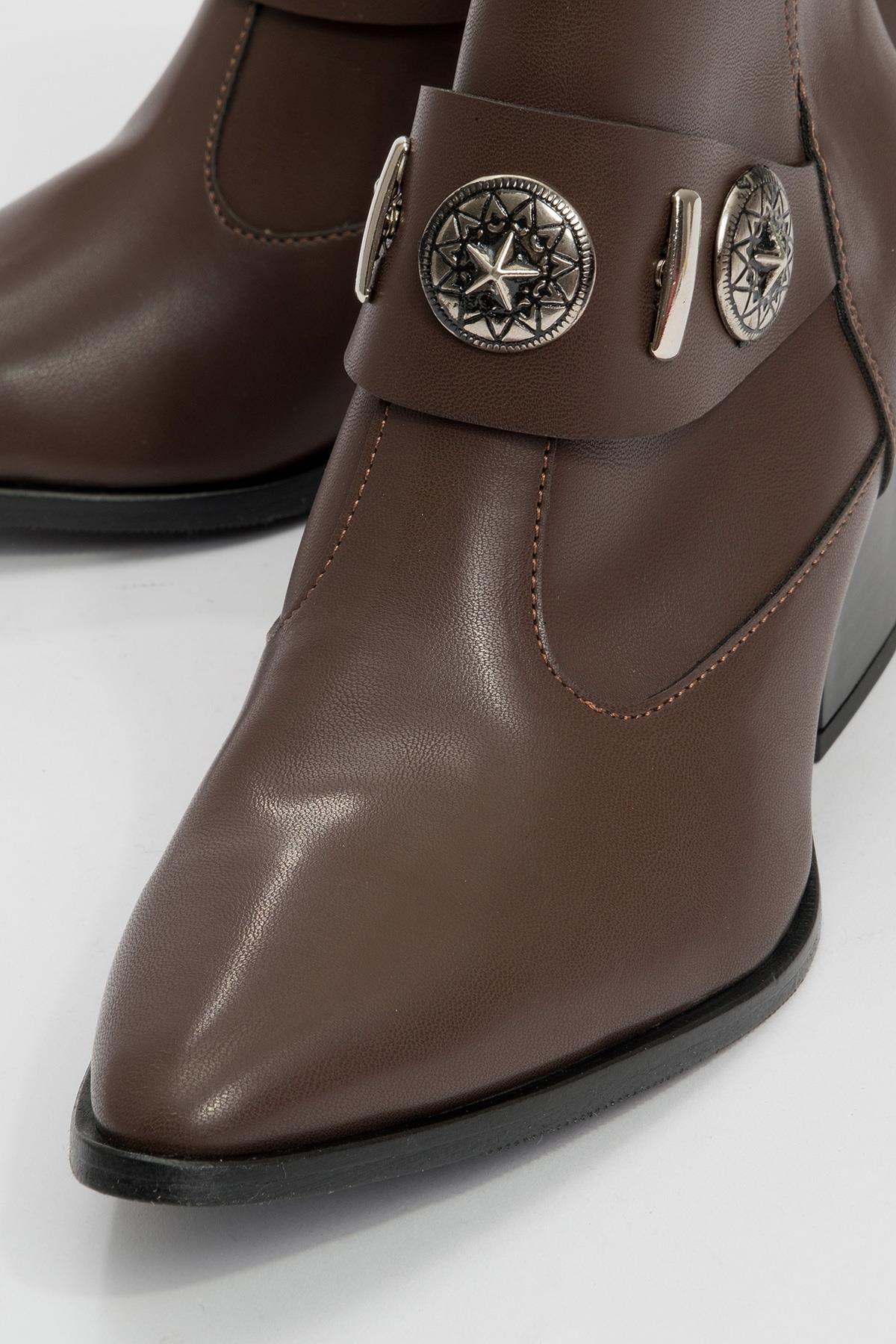 Kenda Brown Buckle Block Heel Boot – detail view showing leather, red, SimmiUnique