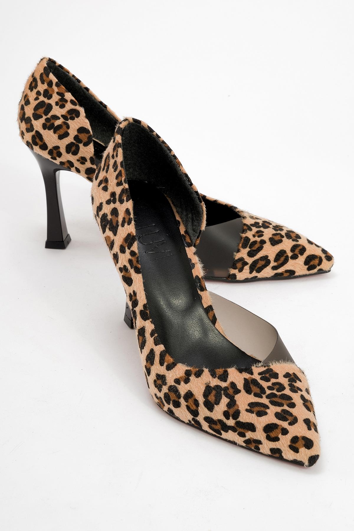 Ursula - Black And Yellow Patterned Heeled Shoe – front three-quarter view showing leather, black, SimmiUnique