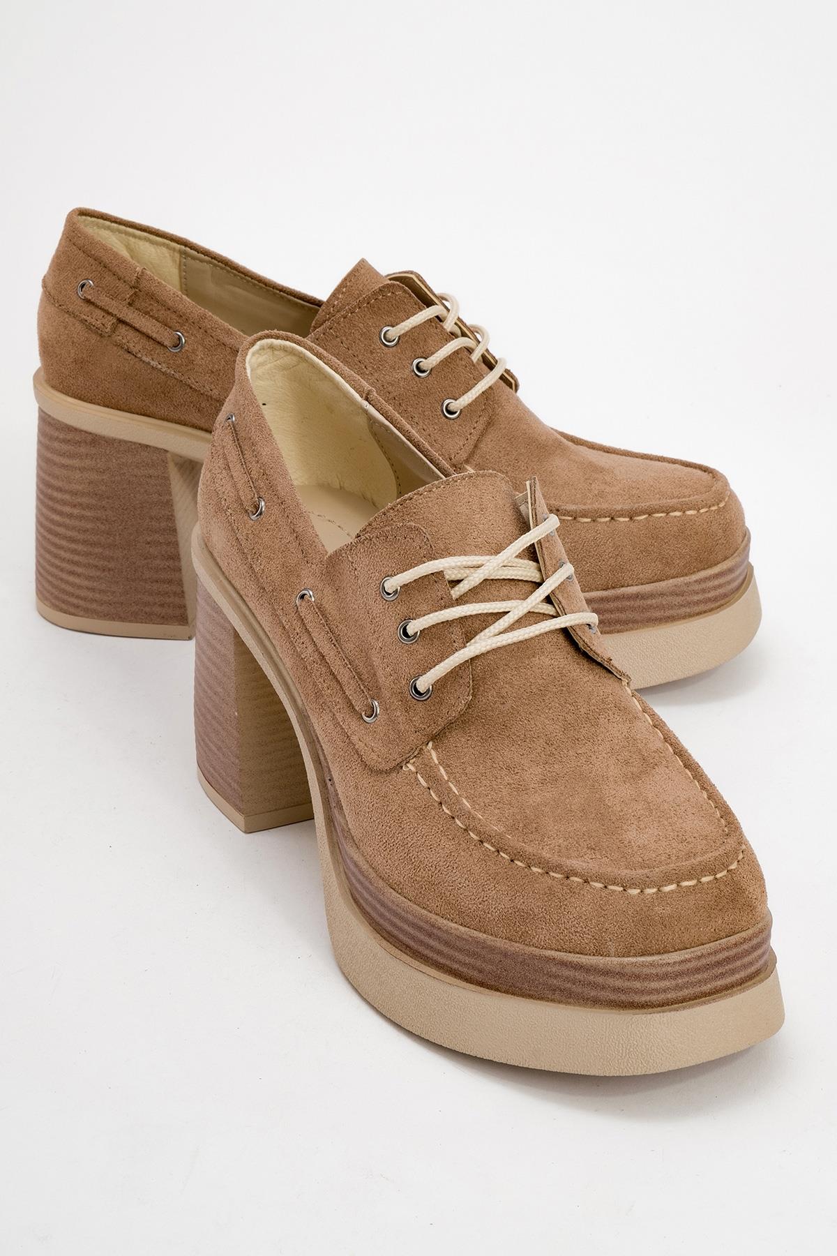 Dudley - Taupe Platform Heel Shoe – front three-quarter view showing lace, leather, SimmiUnique
