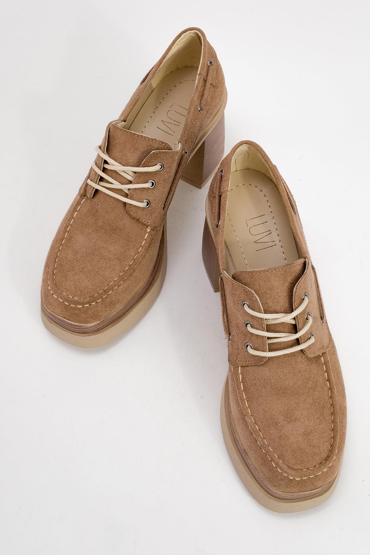 Dudley - Taupe Platform Heel Shoe – side view showing lace, leather, SimmiUnique