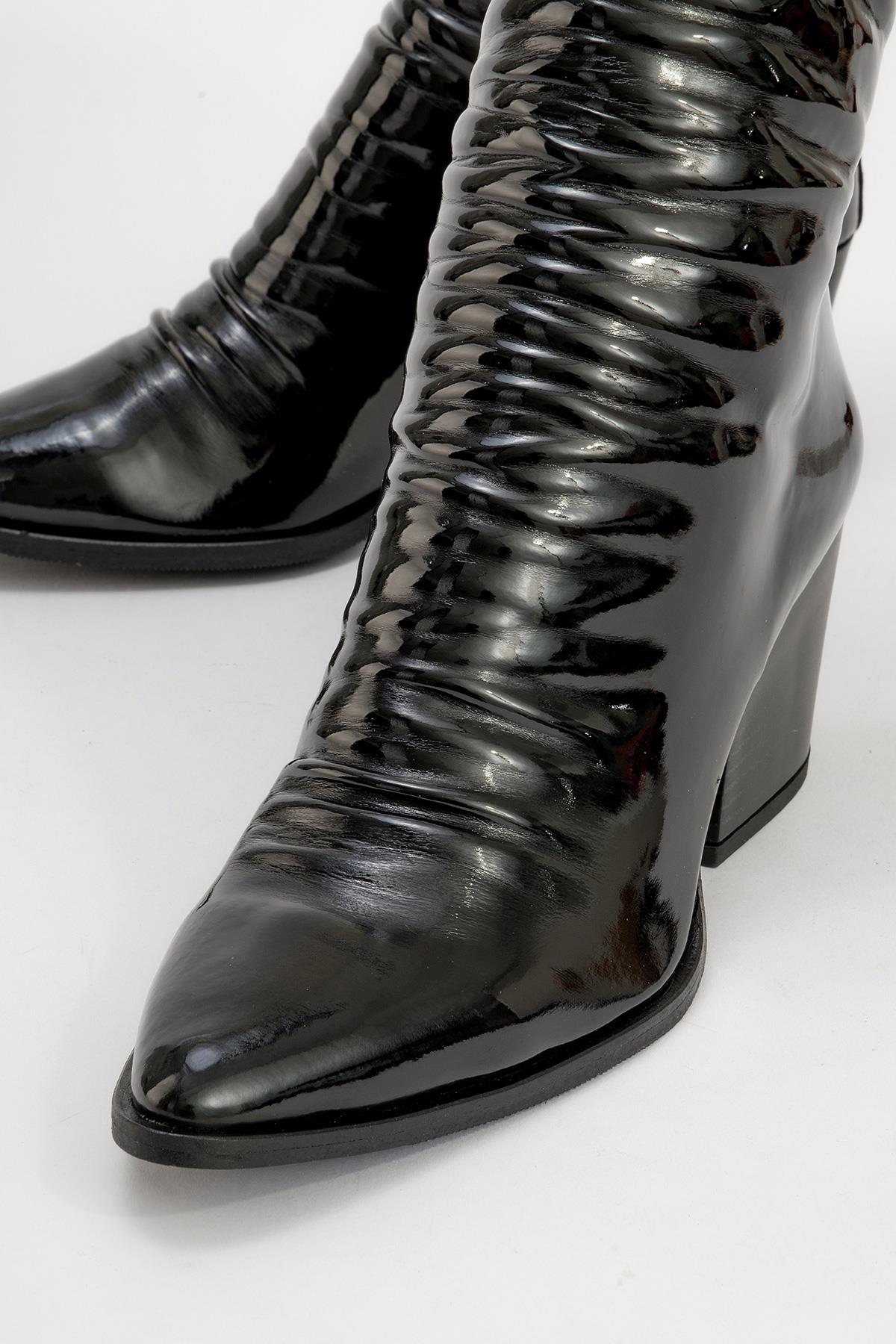Laval - Black Patent Block Heel Boot – detail view showing leather, black, red, SimmiUnique