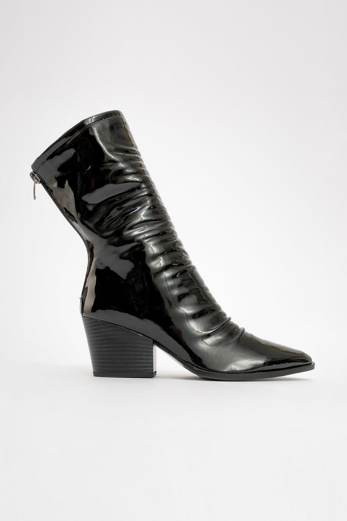 Laval - Black Patent Block Heel Boot – heel view showing leather, black, red, SimmiUnique