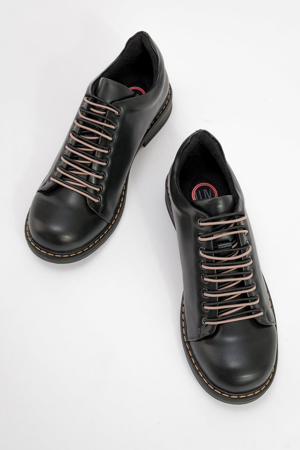 Festy - Black Elastic Lace-Up Everyday Shoe – side view showing lace, leather, black, SimmiUnique