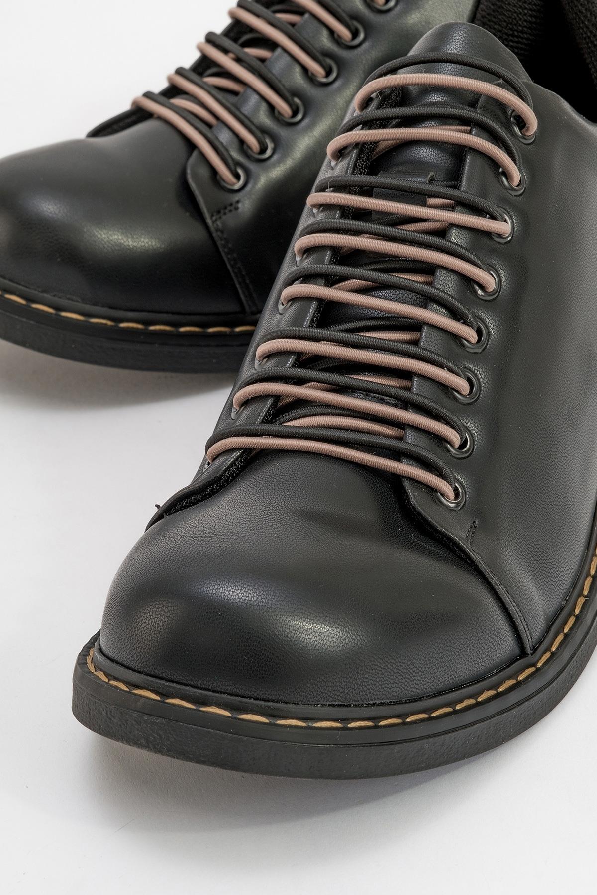 Festy - Black Elastic Lace-Up Everyday Shoe – detail view showing lace, leather, black, SimmiUnique