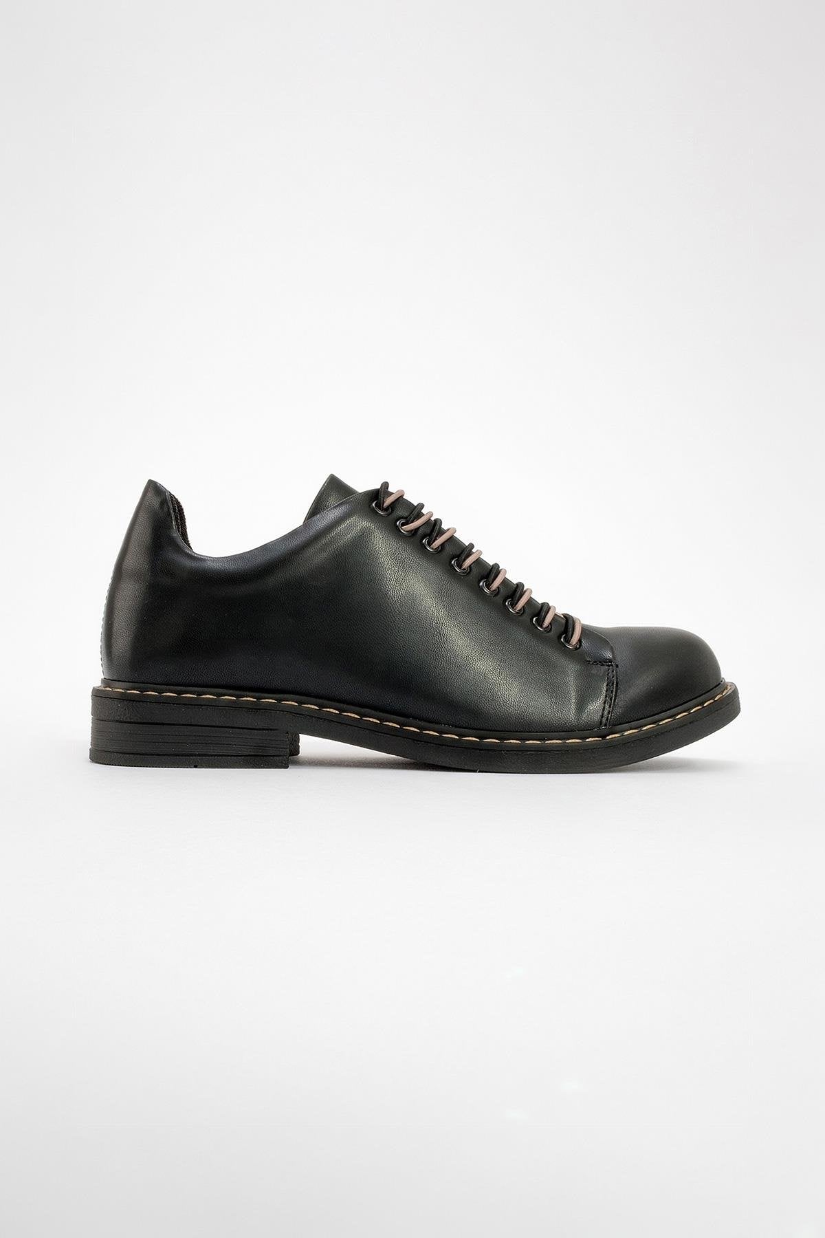 Festy - Black Elastic Lace-Up Everyday Shoe – heel view showing lace, leather, black, SimmiUnique