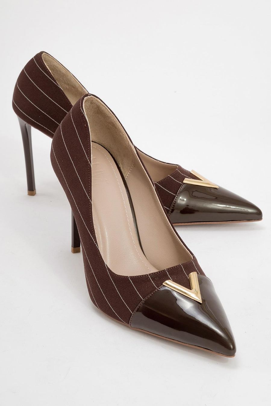 Arrow - Brown Striped Patent Gold Buckle High-Heel Shoe