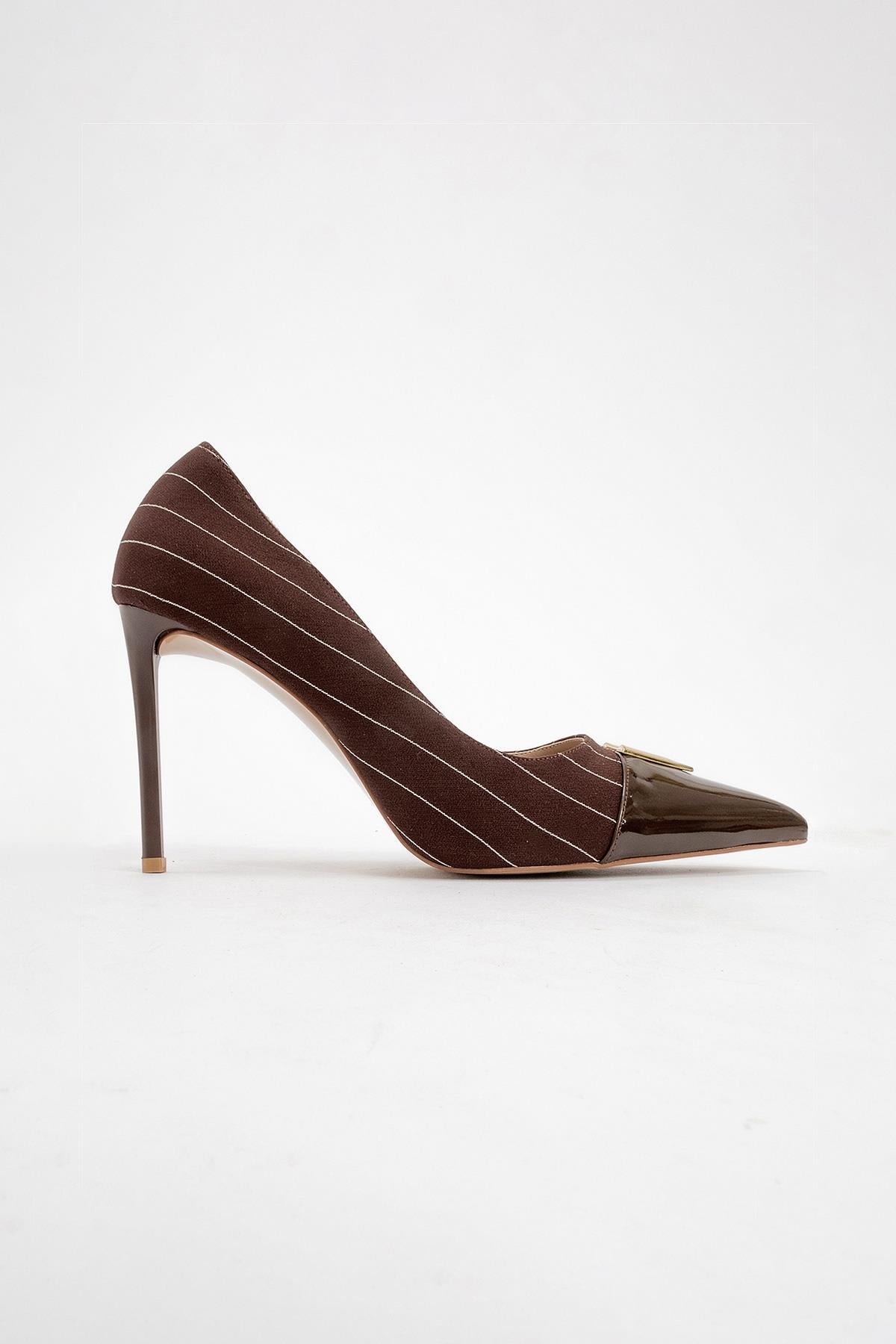 Arrow - Brown Striped Patent Gold Buckle High-Heel Shoe – heel view showing leather, metallic, gold, SimmiUnique