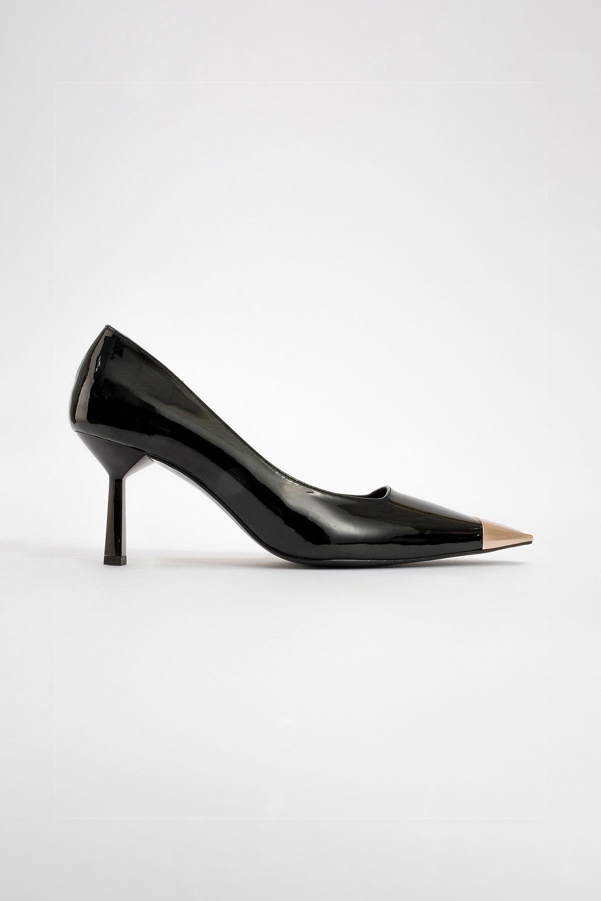Moanda - Black Stiletto Pump – heel view showing leather, black, SimmiUnique