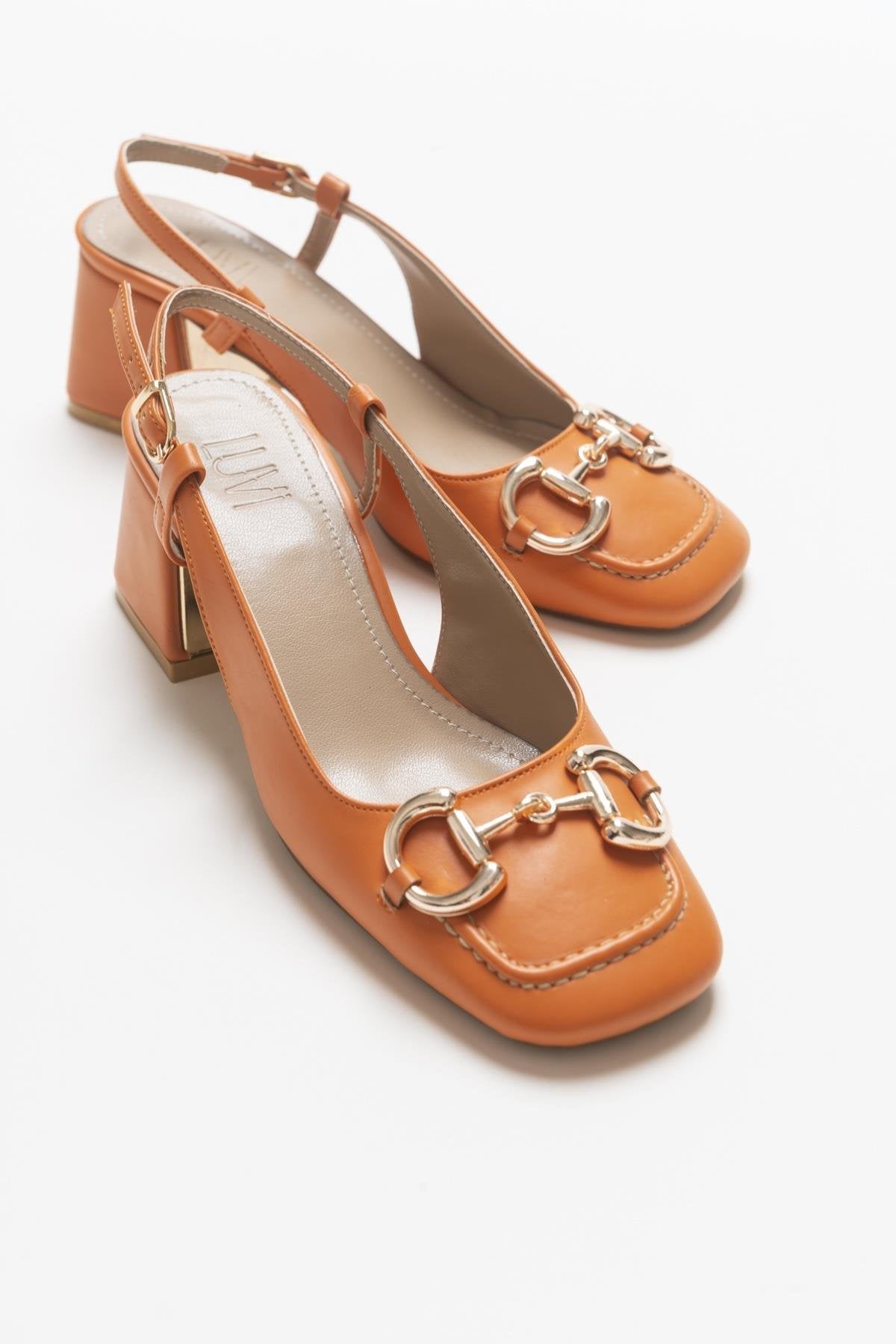 Karol - Orange Heeled Shoe – back view showing leather, SimmiUnique
