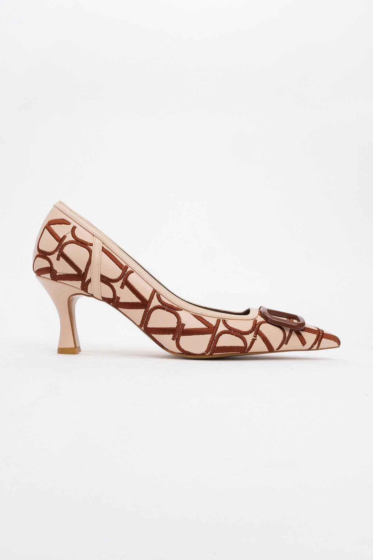 Togo - Beige-Cognac Heeled Shoe – heel view showing leather, SimmiUnique