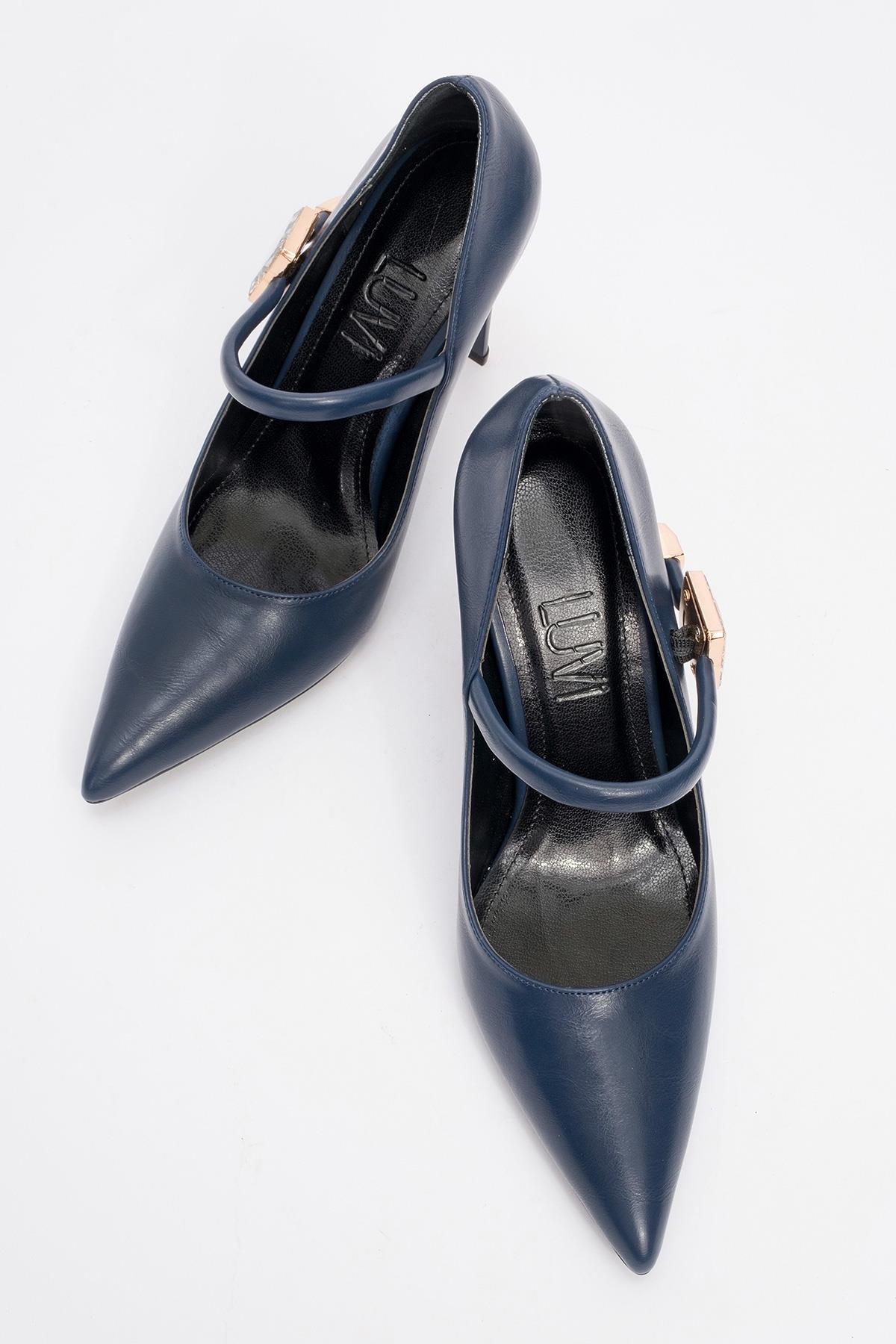 Pattaya - Navy Stone-Embellished Stiletto Pump – side view showing leather, SimmiUnique
