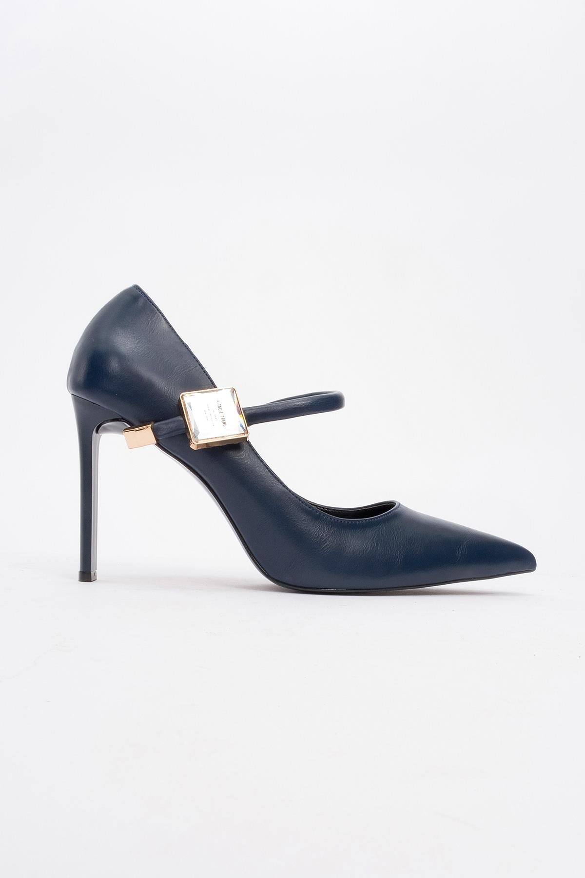 Pattaya - Navy Stone-Embellished Stiletto Pump – heel view showing leather, SimmiUnique