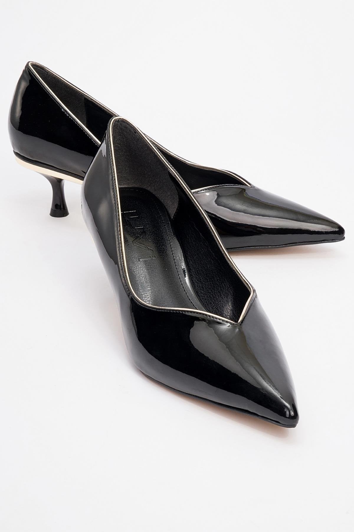 Eupho - Black Patent Low Heel Pump – front three-quarter view showing leather, black, SimmiUnique