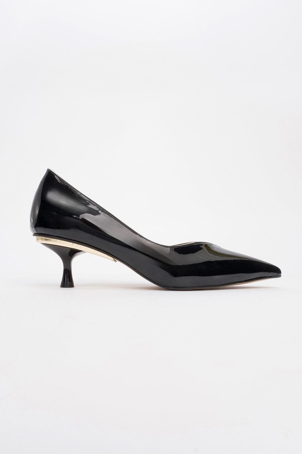 Eupho - Black Patent Low Heel Pump – heel view showing leather, black, SimmiUnique