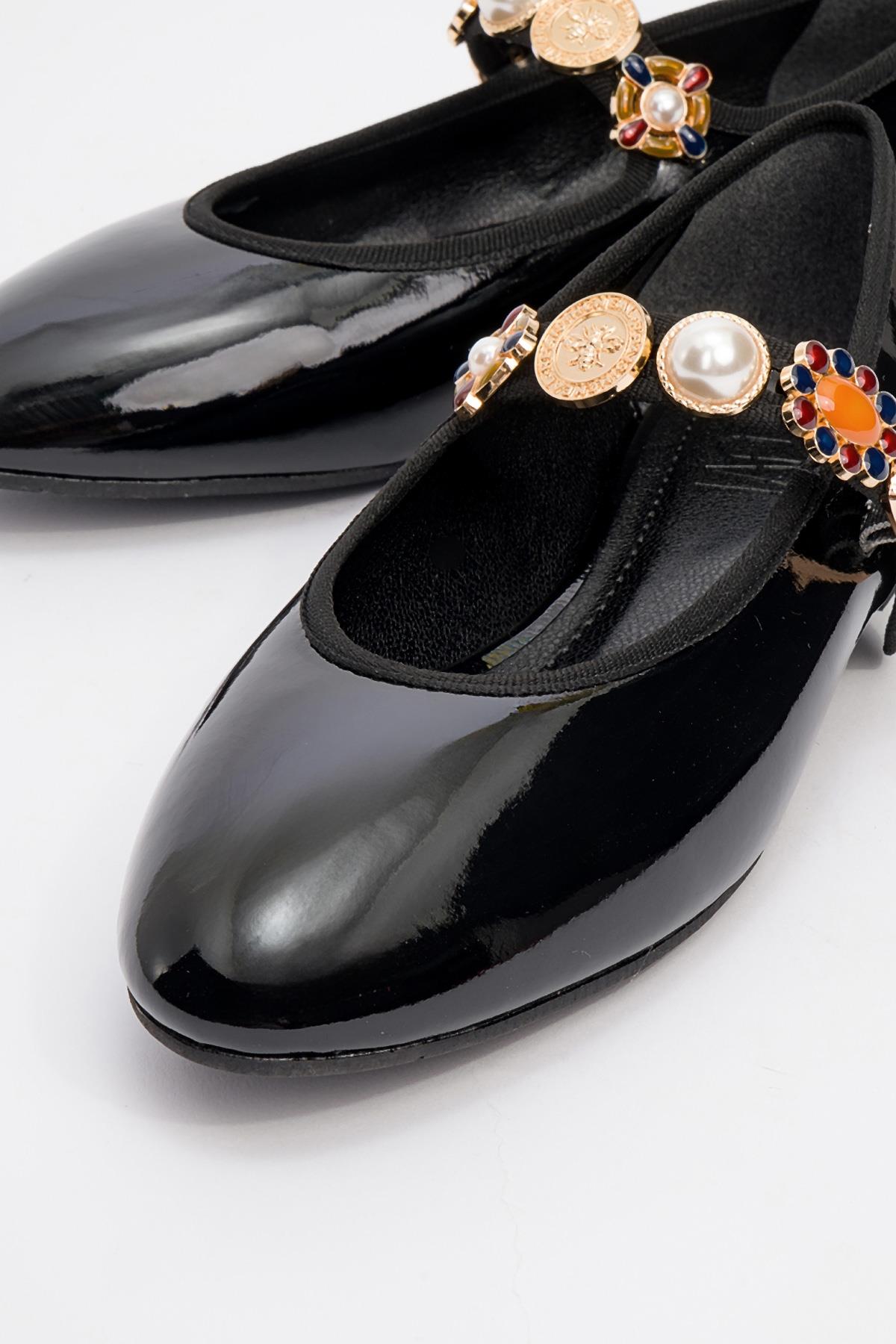 Lauras - Black Patent Embellished Ballet Flat – detail view showing leather, black, SimmiUnique