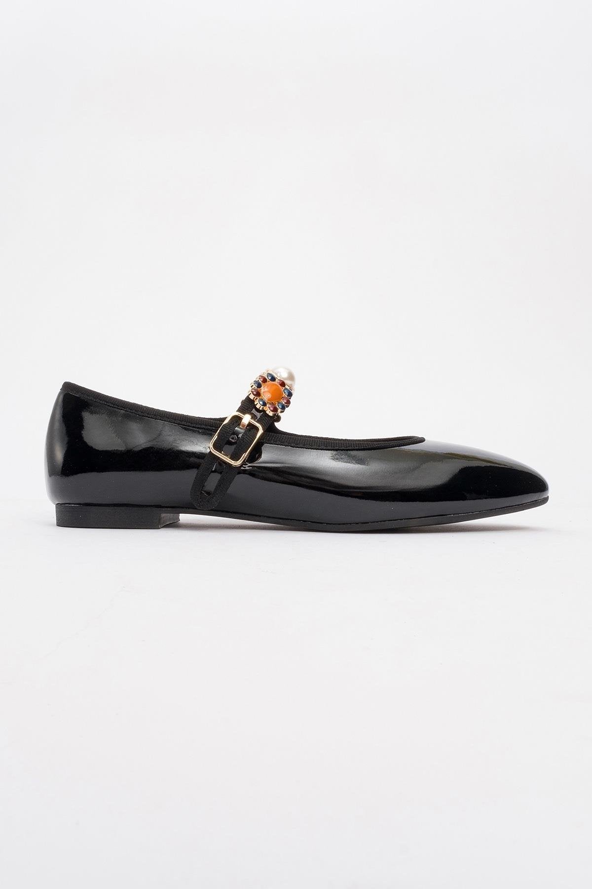Lauras - Black Patent Embellished Ballet Flat – heel view showing leather, black, SimmiUnique