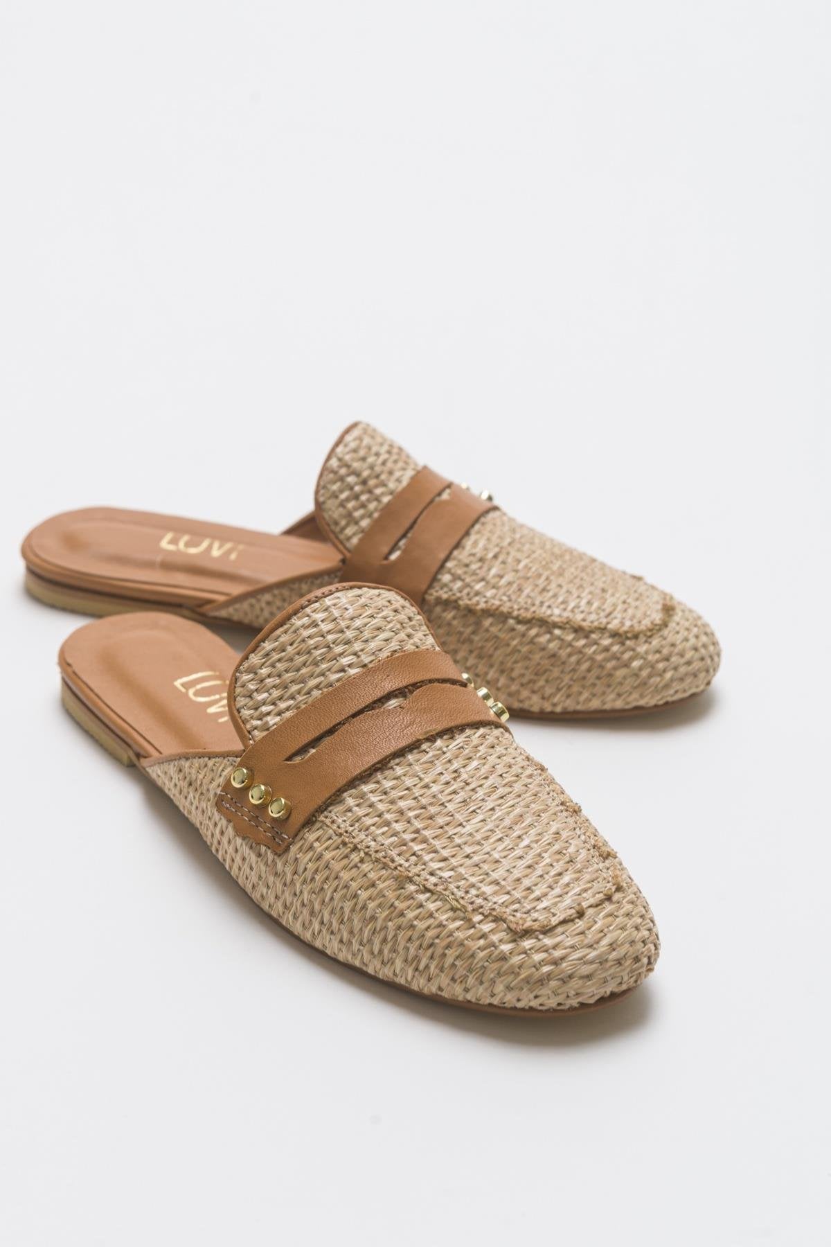 Patrizia - Beige Leather Mule – front three-quarter view showing leather, SimmiUnique