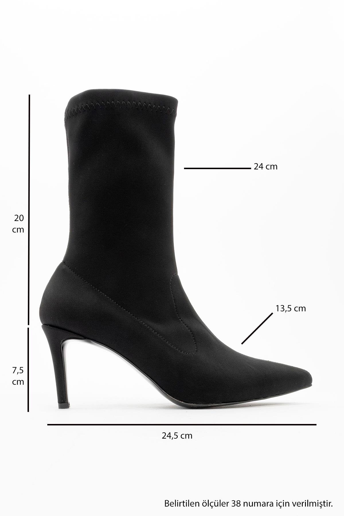 Thalin - Black Stretch Pointed Toe Slim Heel Boot – heel view showing black, SimmiUnique