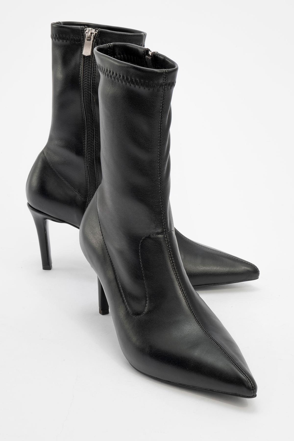 Thalin - Black Pointed Toe Side-Zip Stiletto Heel Boot – front three-quarter view showing leather, black, SimmiUnique