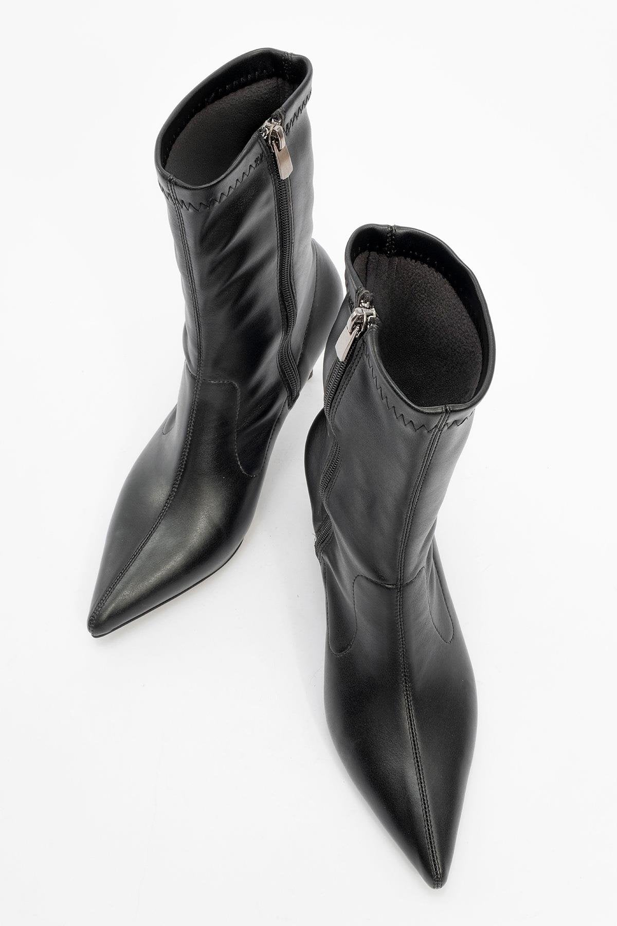 Thalin - Black Pointed Toe Side-Zip Stiletto Heel Boot – side view showing leather, black, SimmiUnique