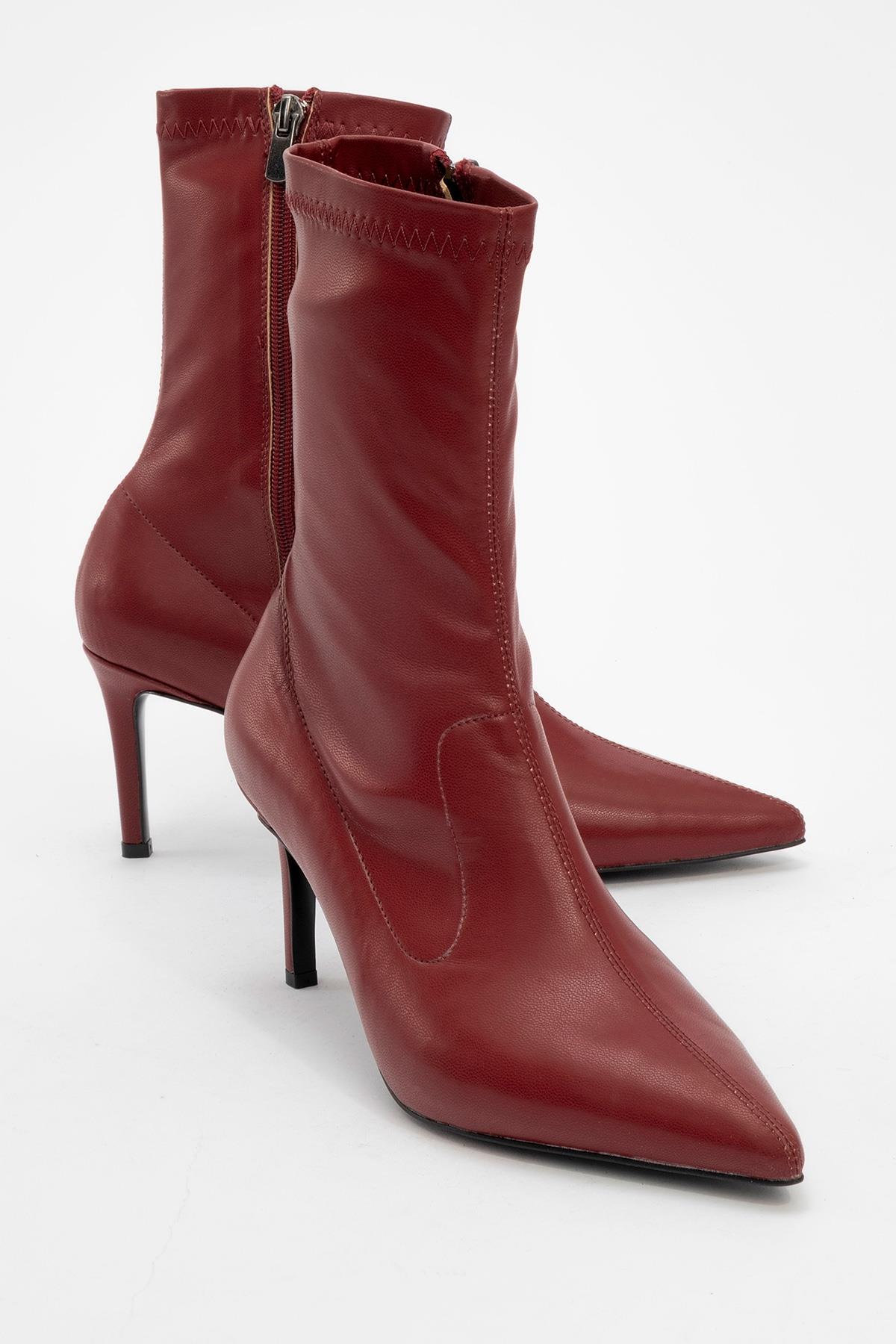 Thalin - Burgundy Pointed Toe Side-Zip Stiletto Heel Boot – front three-quarter view showing leather, SimmiUnique