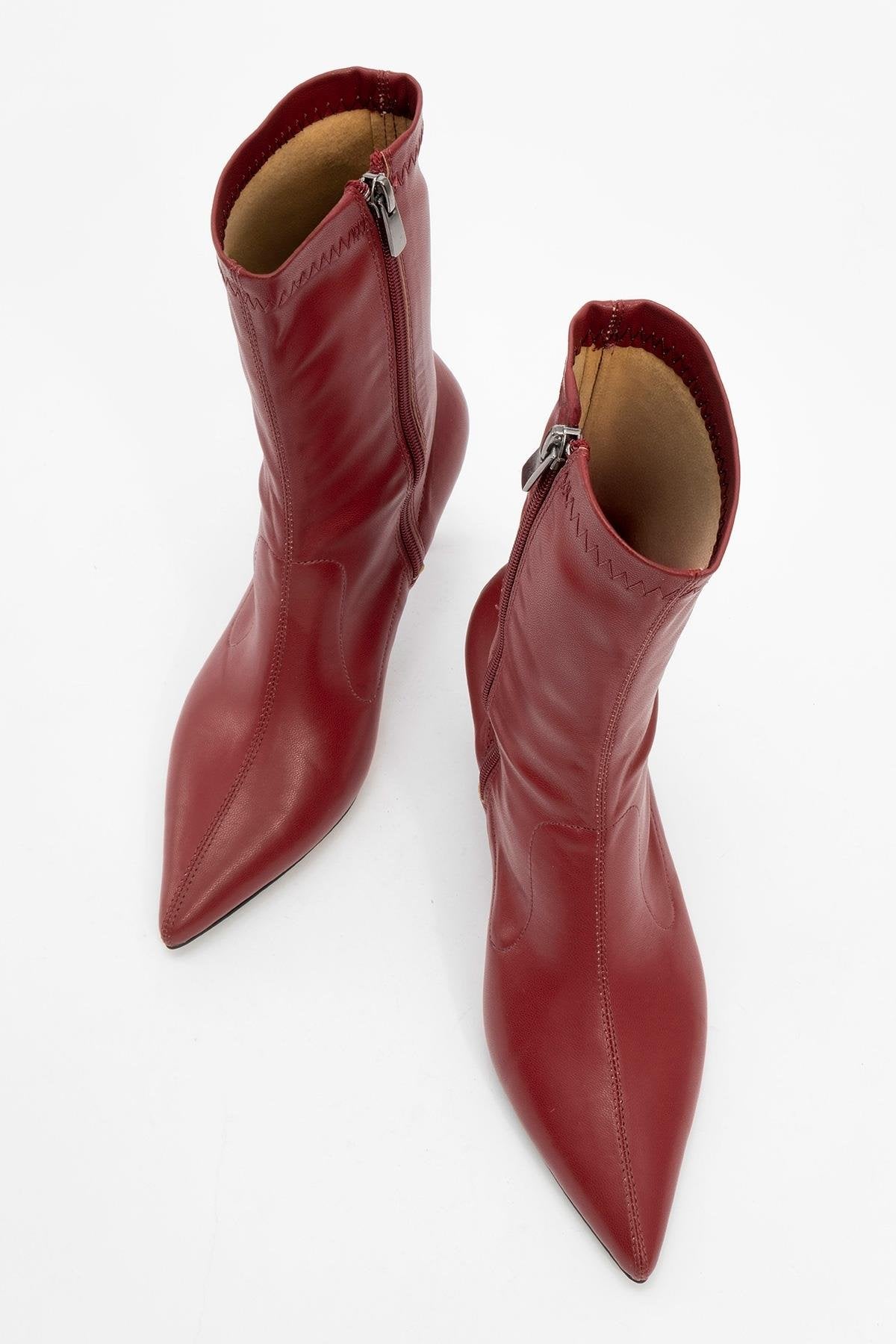 Thalin - Burgundy Pointed Toe Side-Zip Stiletto Heel Boot – side view showing leather, SimmiUnique